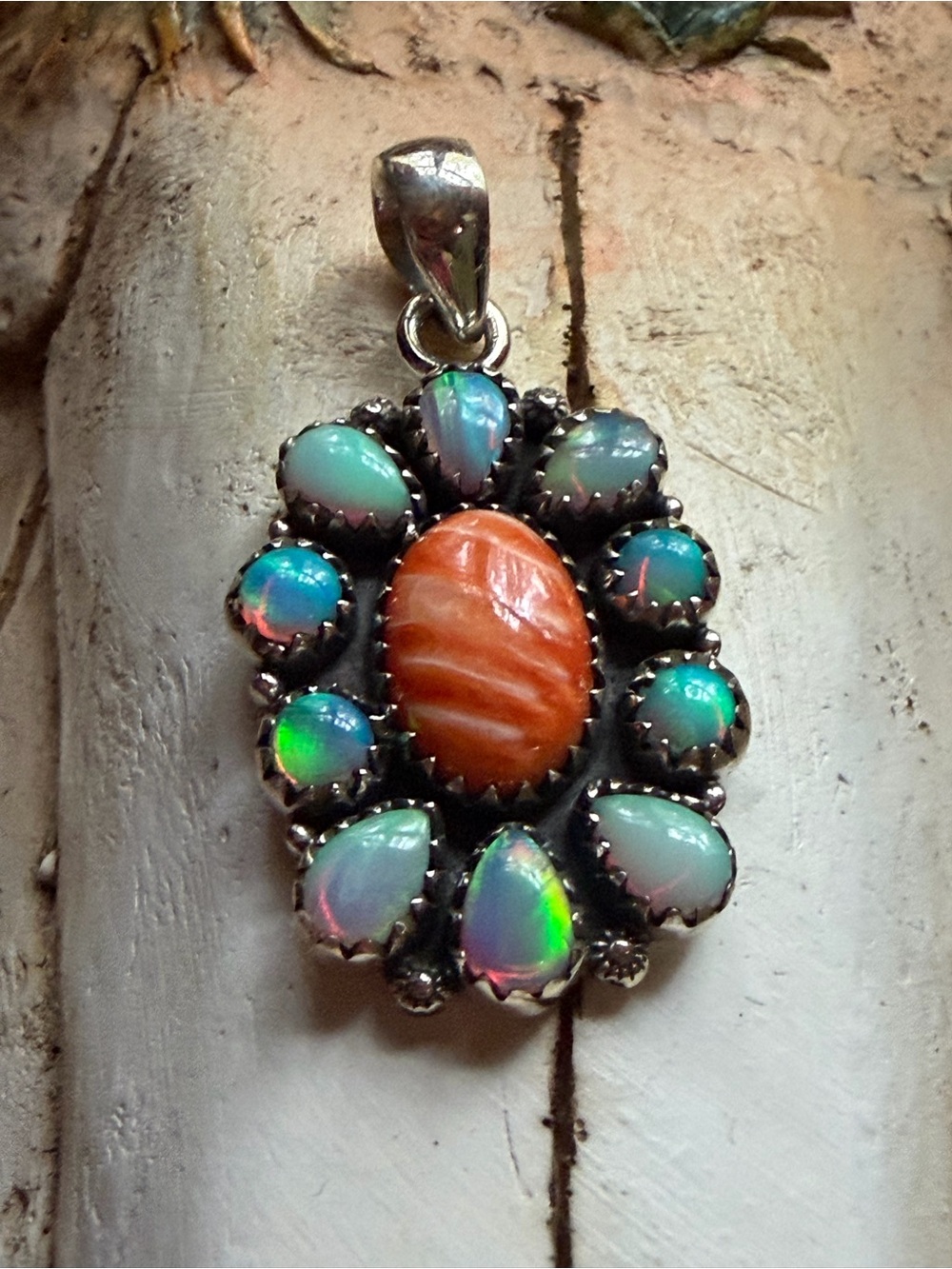 Sterling Silver Orange Spiny & Opal Teardrop Pendant